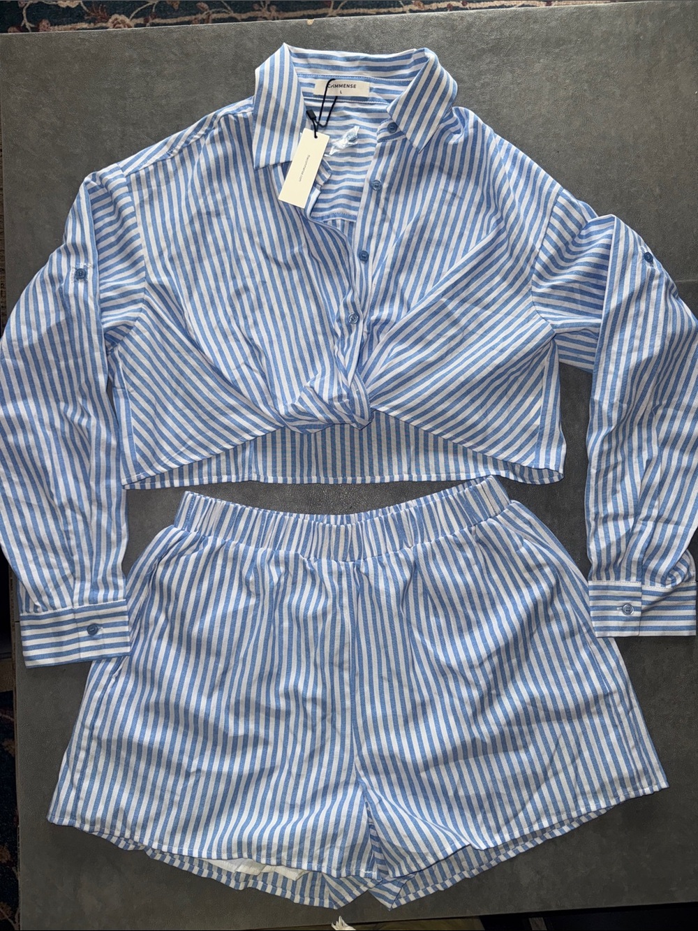 Commense Blue & White Striped Cotton Two-Piece Lounge Set